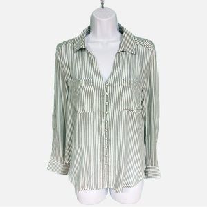 Velvet Hearts Green & White Striped V-Neck Button Down Blouse Womens Size S
